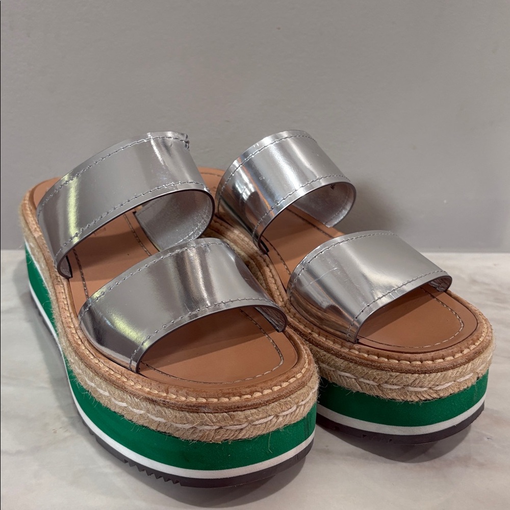 Prada Silver and Green Platform Metallic Two Band Espadrille Slides 37.5 7.5 - Picture 10 of 13